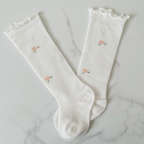 Flower Knee Socks White